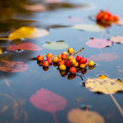 Red berries on autumn leaves in water