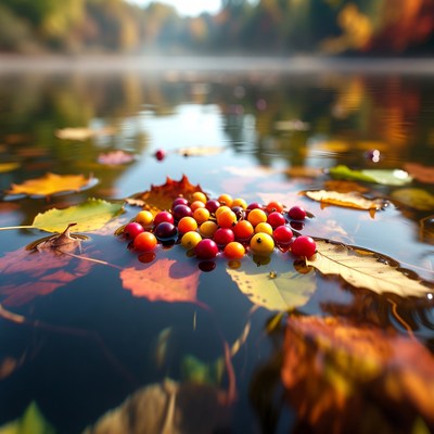 Red Berries on Autumn Leaves in Misty River