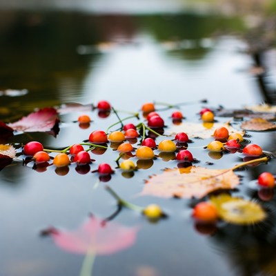 Red Berries Floating on Autumn Pond