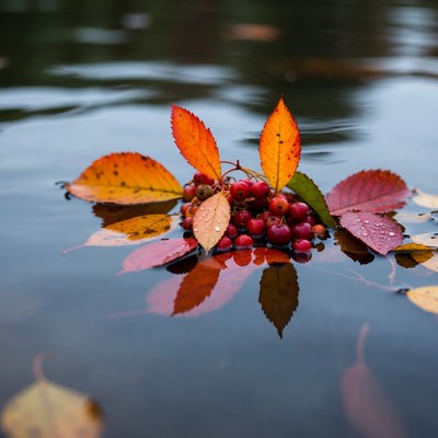 Red Berries and Autumn Leaves on Water