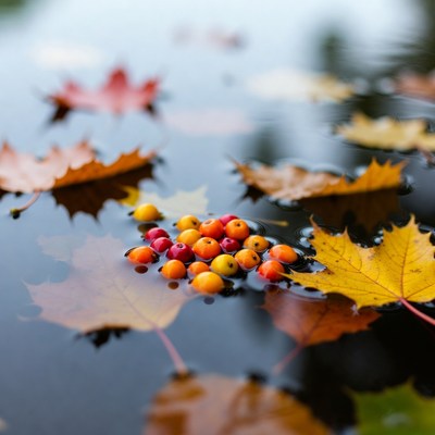 Red Berries and Autumn Leaves in Water