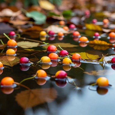 Red berries floating on autumn leaves in water