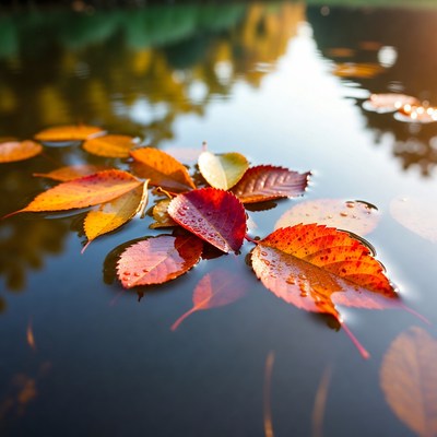 Autumn leaves floating on pond