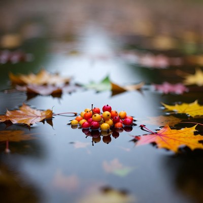 Red Berries on Autumn Leaves in Water