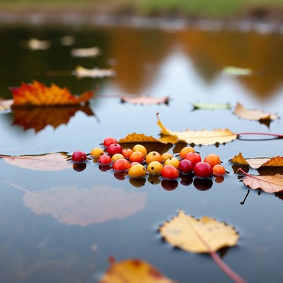 Red Berries and Autumn Leaves on Water