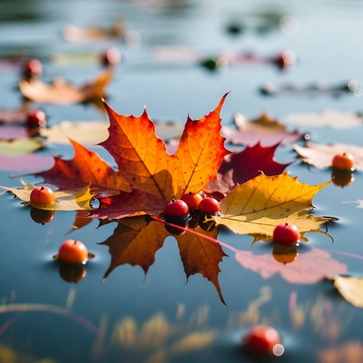 Red maple leaves with berries on water