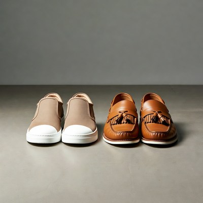 Tan and Brown Loafers on Gray Floor