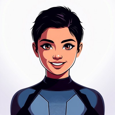 Asian woman in blue superhero suit