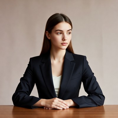 Young woman in black blazer at table