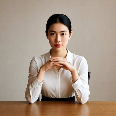 Asian woman in white blouse at desk