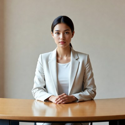 Asian woman in white blazer at desk