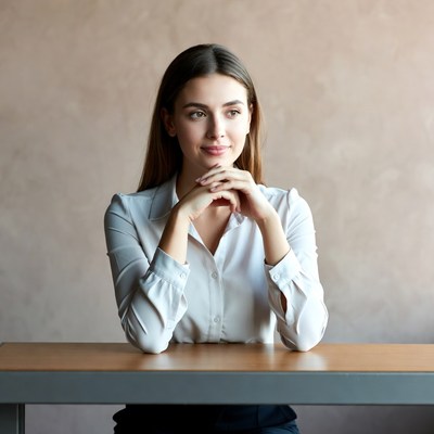 Woman with hands clasped at desk