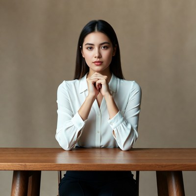 Asian woman praying hands at desk