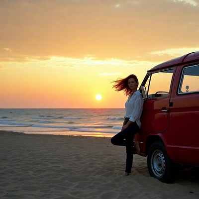 Woman leaning on red VW van at sunset beach
