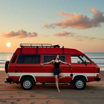 Woman leaning on red VW van at sunset beach