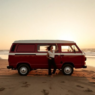 Woman leaning on red VW van beach