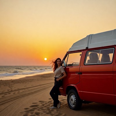 Redhead woman leaning on red VW van beach sunset