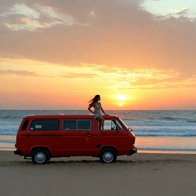 Woman sitting on red VW van at sunset beach