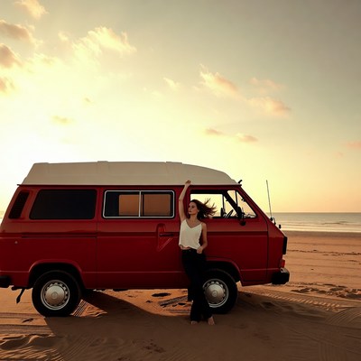 Woman leaning on red VW van beach