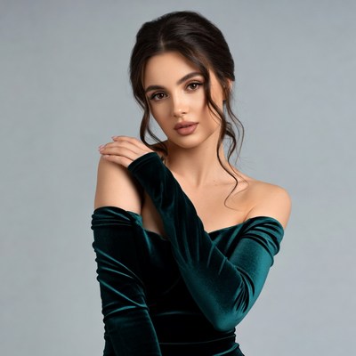 Woman in green velvet off-shoulder dress
