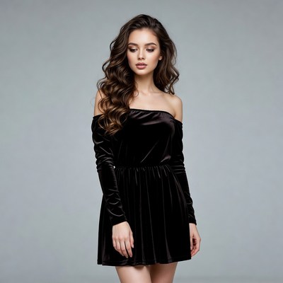 Woman in black off-shoulder velvet dress