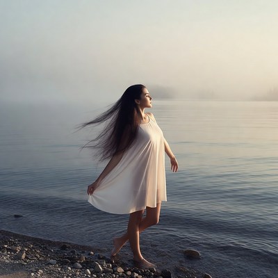 Woman in white dress by misty lake
