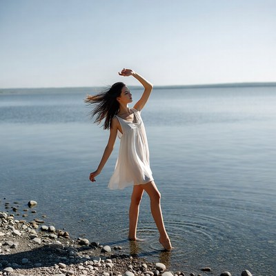 Woman dancing in white dress by lake