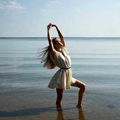 Woman stretching in lake water