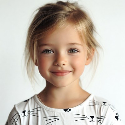 Blonde girl smiling in cat print dress