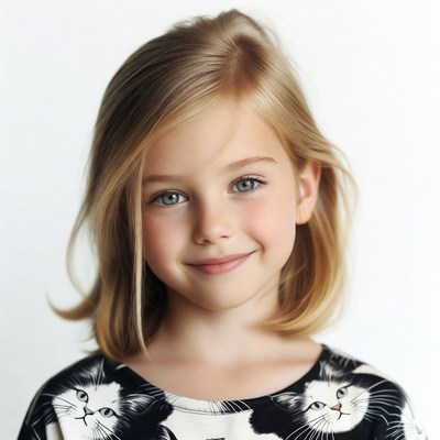 Blonde girl smiling in cat shirt