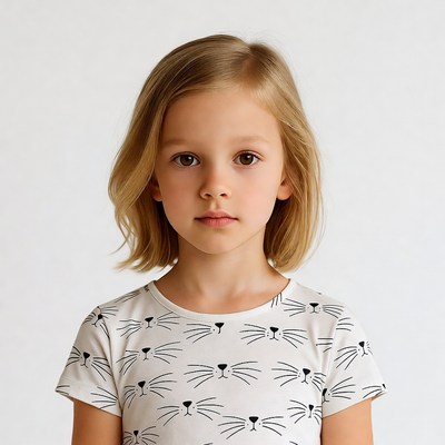 Blonde girl in cat face t-shirt