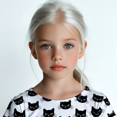 Girl with platinum hair and cat shirt