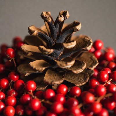 Pine Cone Surrounded by Red Berries