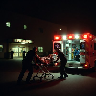 Paramedics Wheeling Patient to Ambulance