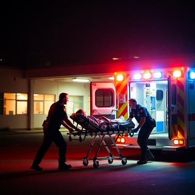 Paramedics Wheeling Patient into Ambulance