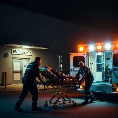 Paramedics wheeling patient into ambulance