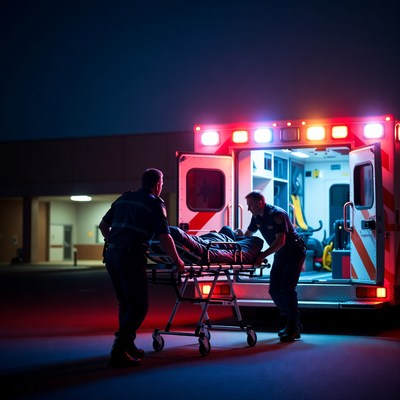 Paramedics wheeling patient into ambulance