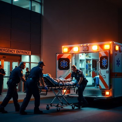 Paramedics wheeling patient into hospital
