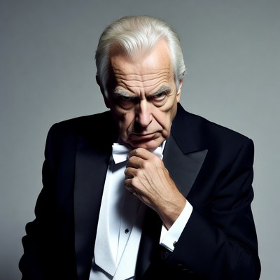 Elderly man in tuxedo pondering