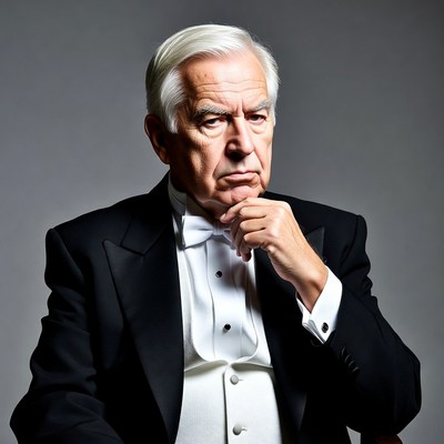 Elderly man in tuxedo thinking