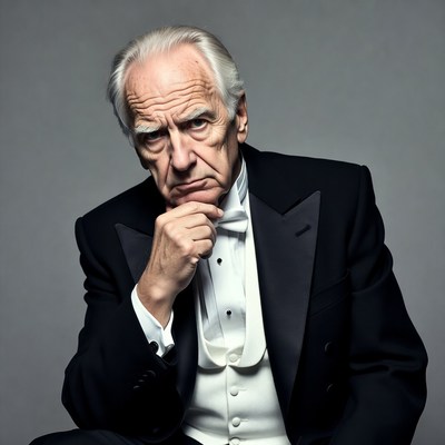 Elderly man in tuxedo with hand on chin