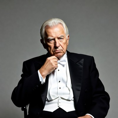 Elderly man in tuxedo touching chin