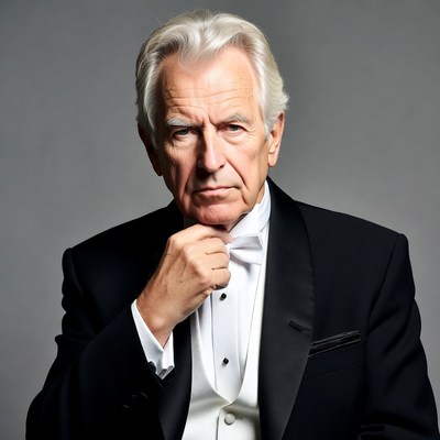 Elderly man in tuxedo touching bowtie