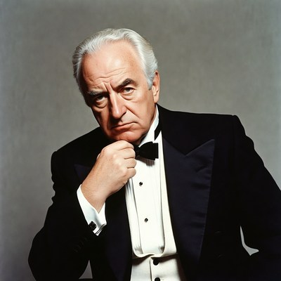 Elderly man in tuxedo touching bowtie