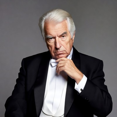 Elderly man in tuxedo touching chin