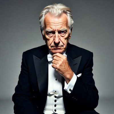 Elderly man in tuxedo with hand on chin