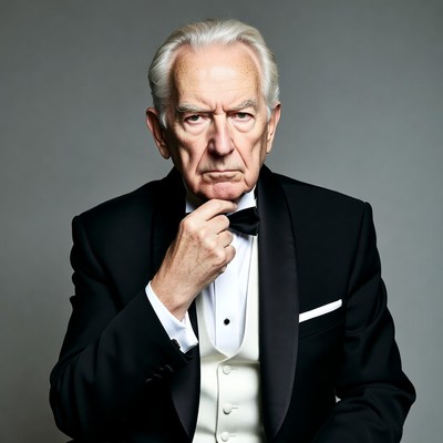 Elderly man adjusting black bow tie