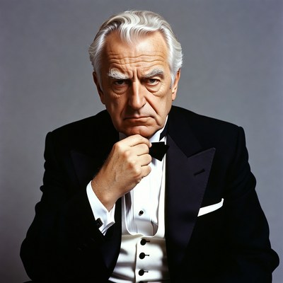 Elderly man in tuxedo touching chin