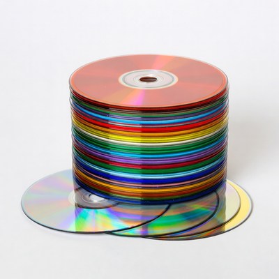 Stack of colorful CDs on white background