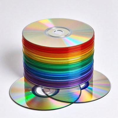 Stack of colorful CDs on white background